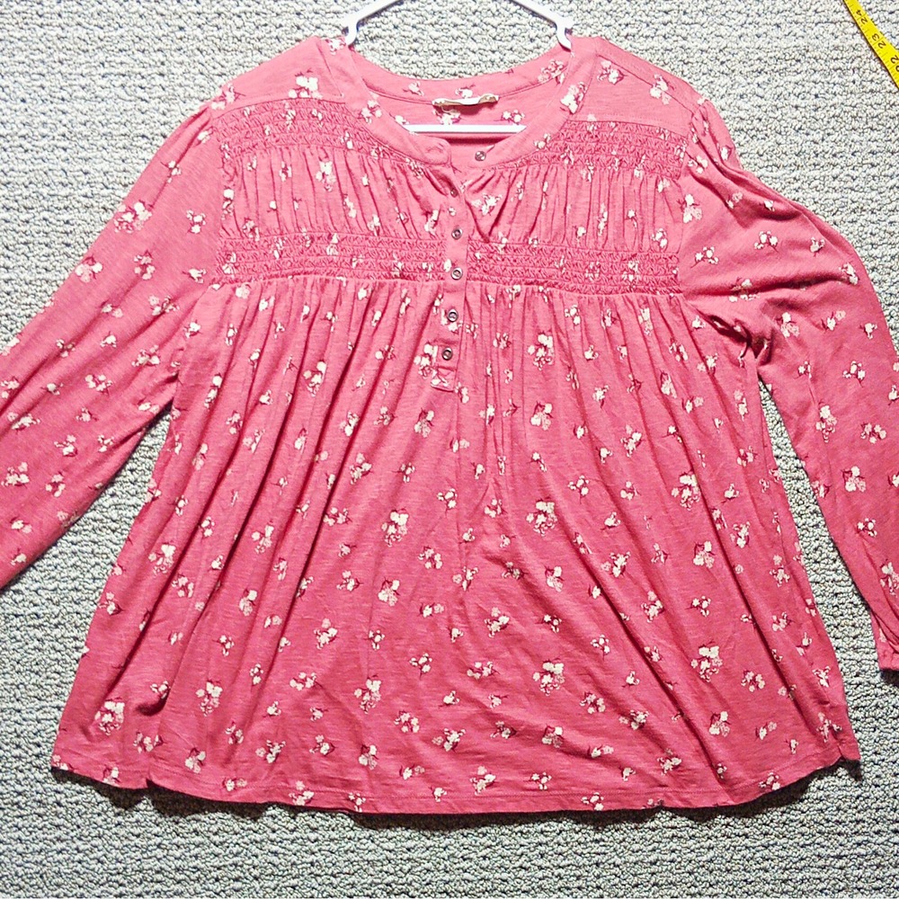 Lucky Brand K12 Women Pink Floral Smocked Round Neck Long Sleeve Button Blouse M
